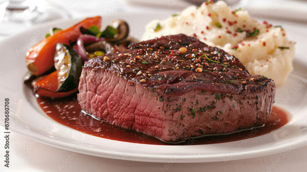 A plate of food with a steak, mashed potatoes, and vegetables A plate of food with a steak, mashed potatoes, and vegetables
