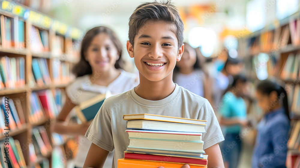 Smiling Boy Holding Books in Library With Friends in Background Smiling Boy Holding Books in Library With Friends in Background