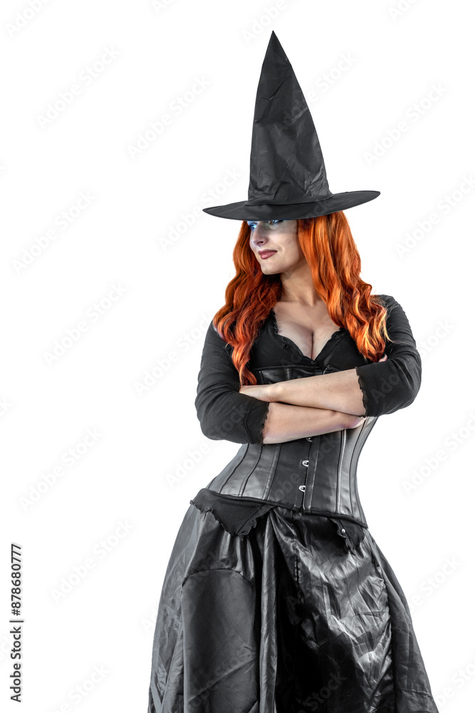 Witch on Halloween. Female wizard fairy character for All Saints' Day. Fantasy gothic red-haired Vampire girl in black dress. Enchantress dressed in carnival costume Witch on Halloween. Female wizard fairy character for All Saints' Day. Fantasy gothic red-haired Vampire girl in black dress. Enchantress dressed in carnival costume