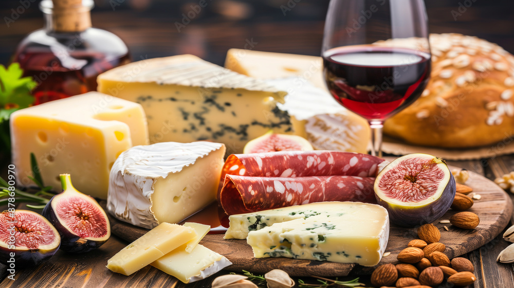 A table with a variety of cheeses, bread, and wine A table with a variety of cheeses, bread, and wine