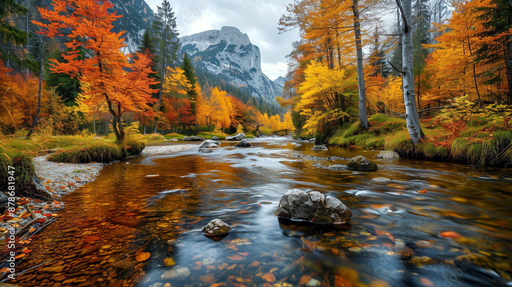 Serene mountain stream reflecting the vibrant autumn foliage Serene mountain stream reflecting the vibrant autumn foliage