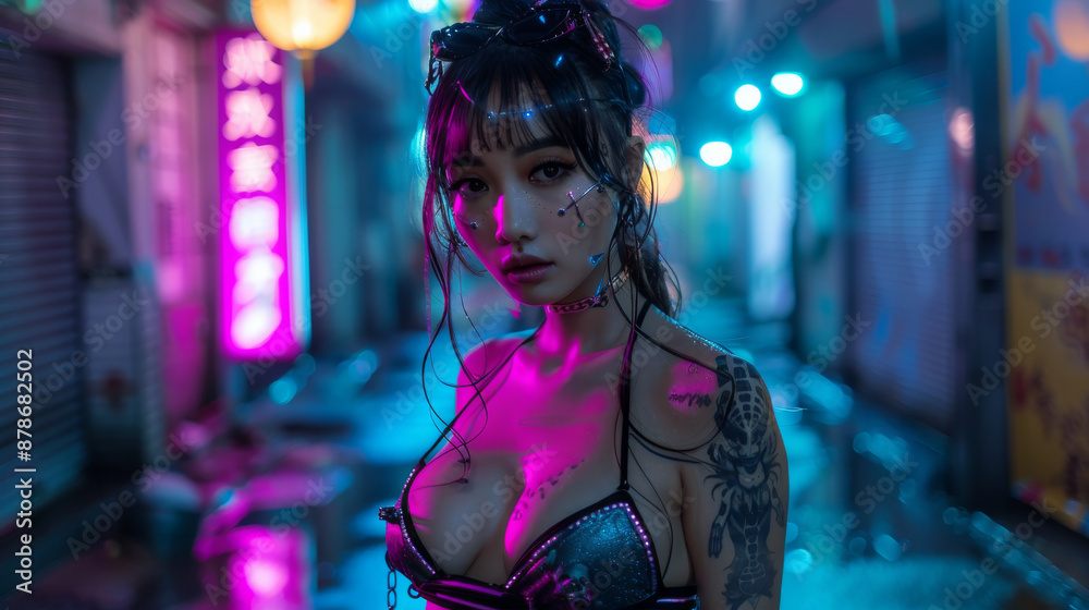 A woman with a tattoo on her arm stands in front of a neon sign A woman with a tattoo on her arm stands in front of a neon sign