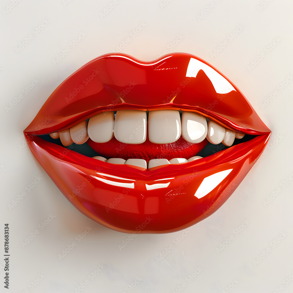 Naklejka premium Beautiful mouth 3d isolated on white. Bright red shiny lips, white even teeth, smile.