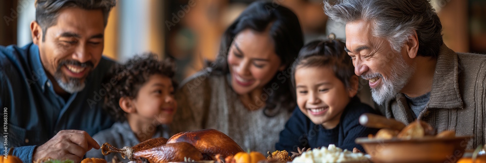 Asian family gathered around a table enjoying a Thanksgiving feast. Concept for family gatherings and Thanksgiving Day Asian family gathered around a table enjoying a Thanksgiving feast. Concept for family gatherings and Thanksgiving Day