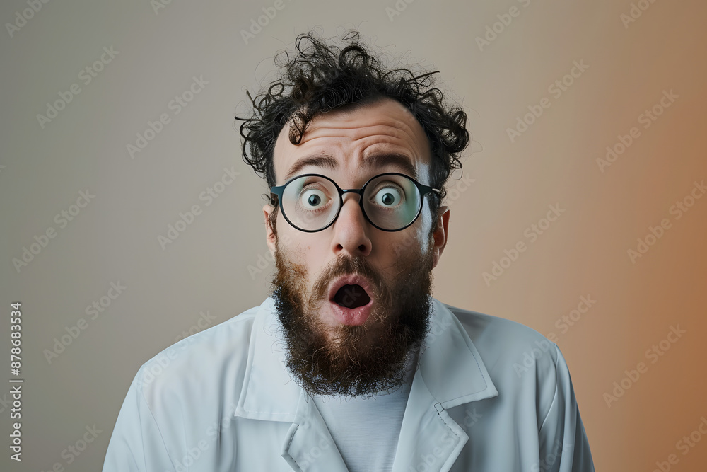 A surprised bearded man wearing glasses and a white lab coat stands against a plain background, conveying a sense of shock or discovery A surprised bearded man wearing glasses and a white lab coat stands against a plain background, conveying a sense of shock or discovery