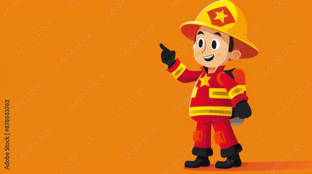 Firefighter cartoon illustration. Happy firefighter pointing and smiling. Ideal for safety, emergency, or children's books. Firefighter cartoon illustration. Happy firefighter pointing and smiling. Ideal for safety, emergency, or children's books.