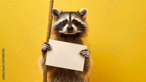 A smiling raccoon stands with an empty sign  photo