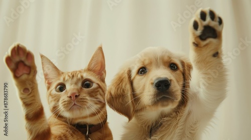 Wallpaper Mural Cat and dog high five. Adorable ginger cat and golden retriever puppy give a high five. Torontodigital.ca