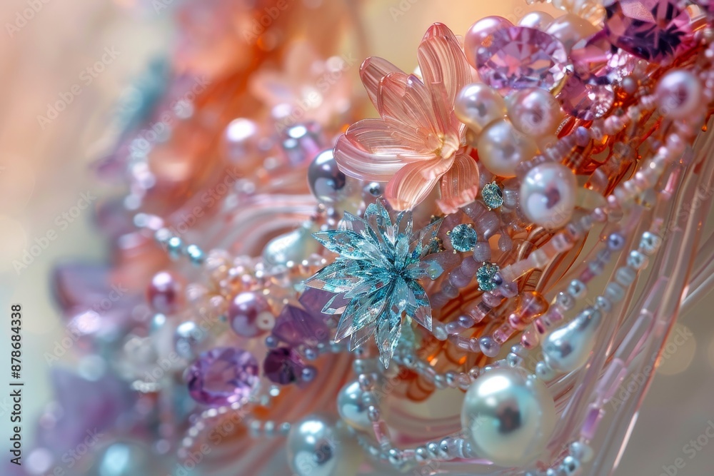 A close-up view of a bunch of beads and flowers in cascades of coral and aquamarine colors, Cascades of coral and aquamarine blending with ethereal strands of pearl and amethyst A close-up view of a bunch of beads and flowers in cascades of coral and aquamarine colors, Cascades of coral and aquamarine blending with ethereal strands of pearl and amethyst