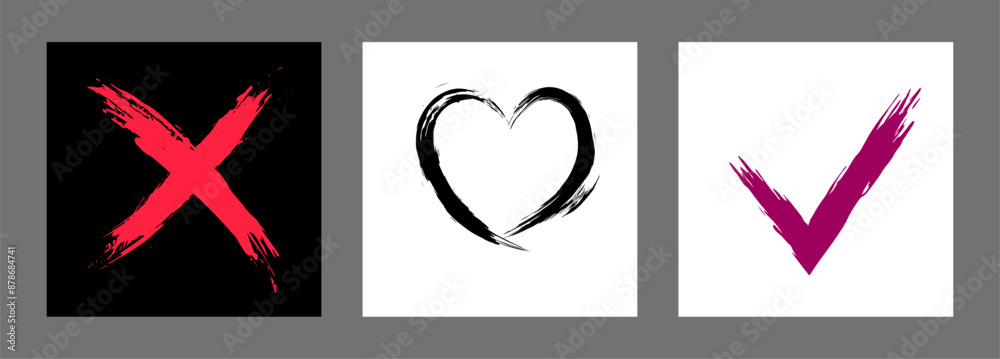 The cross, heart and OK symbol are hand-drawn with a brush. Prohibition, denial, error. Love. Approval, consent. Vector, set of 3 characters The cross, heart and OK symbol are hand-drawn with a brush. Prohibition, denial, error. Love. Approval, consent. Vector, set of 3 characters
