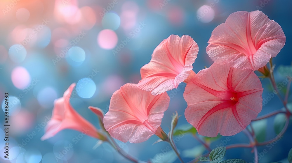 Close-up of vibrant morning glory flowers against a dreamy bokeh background. Great for nature and floral themes. Close-up of vibrant morning glory flowers against a dreamy bokeh background. Great for nature and floral themes.