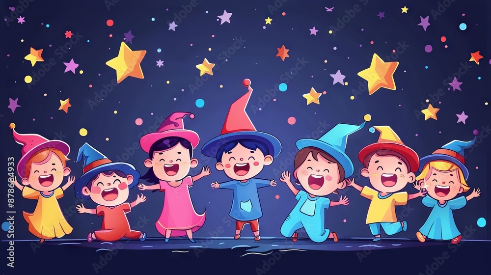 Naklejka premium There are five wizards. They are wearing different color robes. They are very happy. They are celebrating something. There are stars in the background.