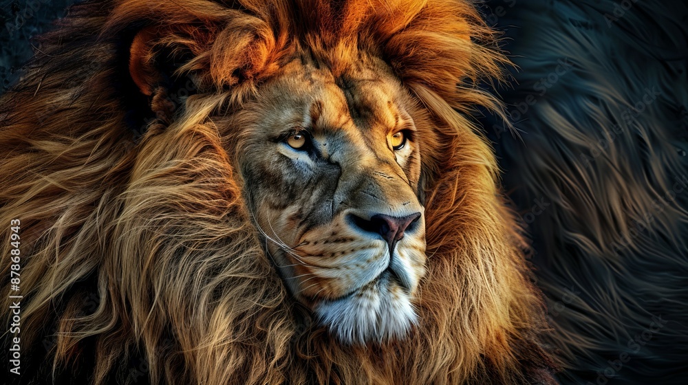 Fototapeta premium Majestic lion close up. Close-up portrait of a magnificent lion, showcasing its powerful gaze and impressive mane.
