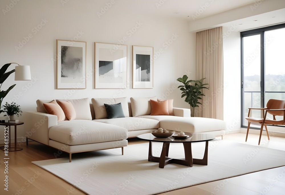 Fototapeta premium Cozy minimal modern living room interior design, with a dining room including a sofa, chairs, empty living room with beige walls