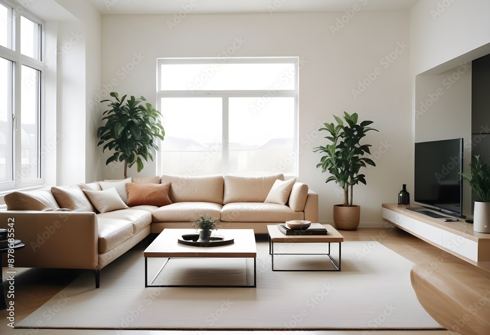 Fototapeta premium Cozy minimal modern living room interior design, with a dining room including a sofa, chairs, empty living room with beige walls