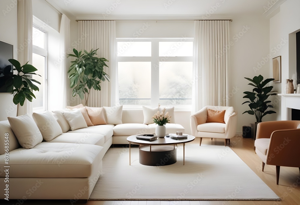 Fototapeta premium Cozy minimal modern living room interior design, with a dining room including a sofa, chairs, empty living room with beige walls