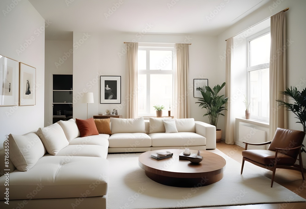 Cozy minimal modern living room interior design, with a dining room including a sofa, chairs, empty living room with beige walls Cozy minimal modern living room interior design, with a dining room including a sofa, chairs, empty living room with beige walls