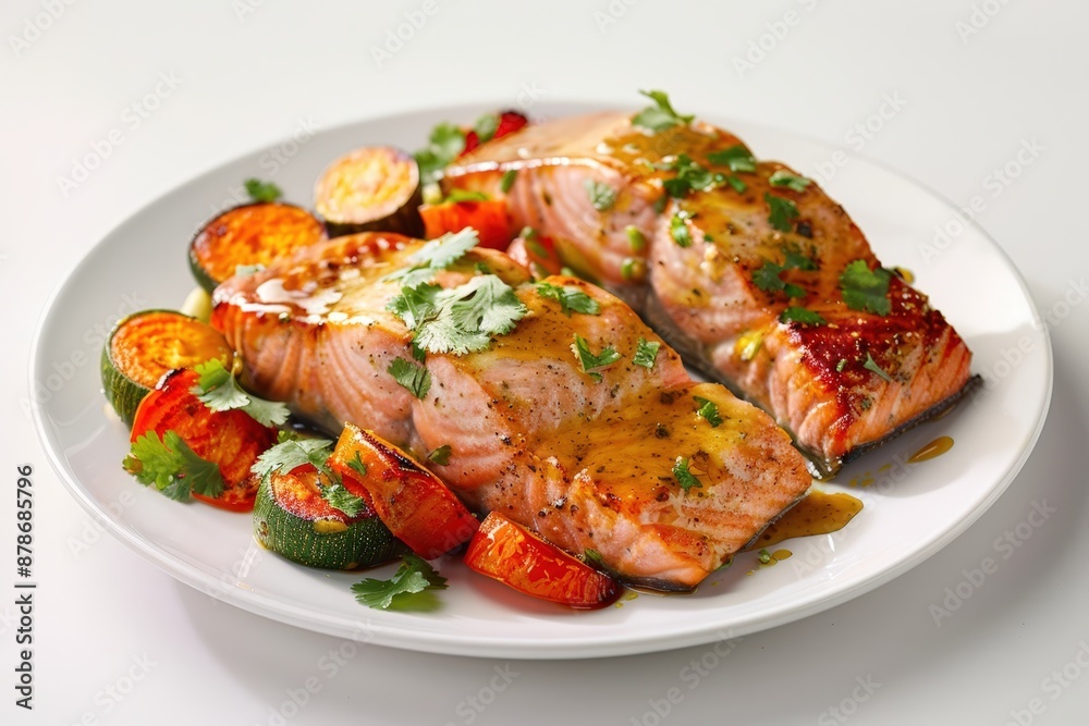 Vibrant Mustard-Maple Glazed Salmon on Crisp Roasted Veggies Vibrant Mustard-Maple Glazed Salmon on Crisp Roasted Veggies
