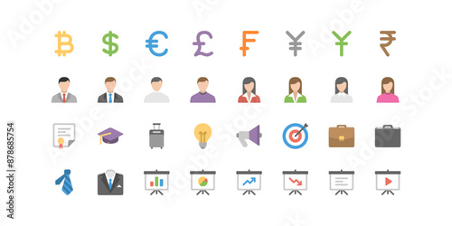 Investment icon set. Containing investor, mutual fund, asset, risk management