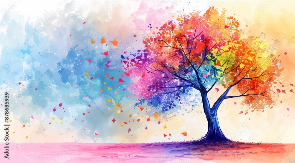Watercolor Rainbow Tree with Pastel Sky and Reflection Watercolor Rainbow Tree with Pastel Sky and Reflection