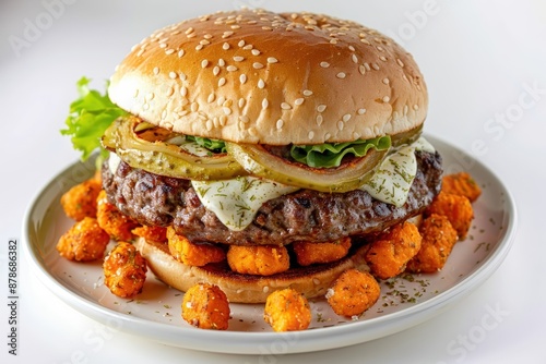 Mouthwatering Dill Pickle Burger with Crispy Sweet Potato Tots