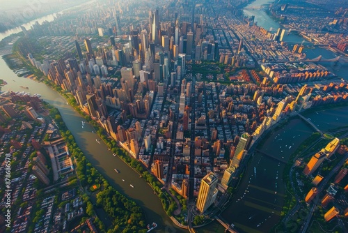 A bird's eye view of Manhattan's dense skyline, with the East River winding through the city at sunset