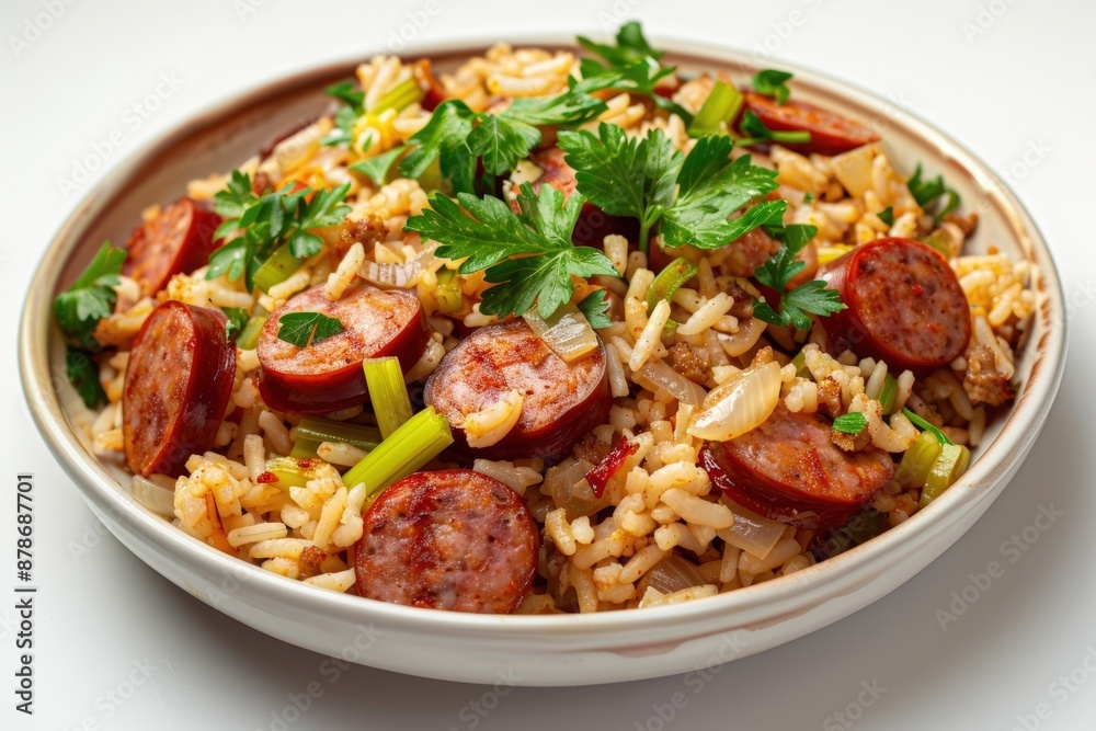 Gourmet Smoked Sausage Dirty Rice in Stylish Bowl Gourmet Smoked Sausage Dirty Rice in Stylish Bowl