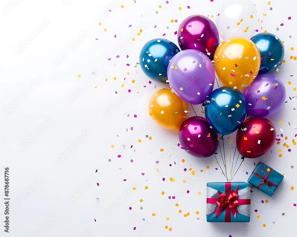 Festive design with vibrant balloons and gifts on a white background, confetti scattered, space for text, in a minimal and clean style. Festive design with vibrant balloons and gifts on a white background, confetti scattered, space for text, in a minimal and clean style.