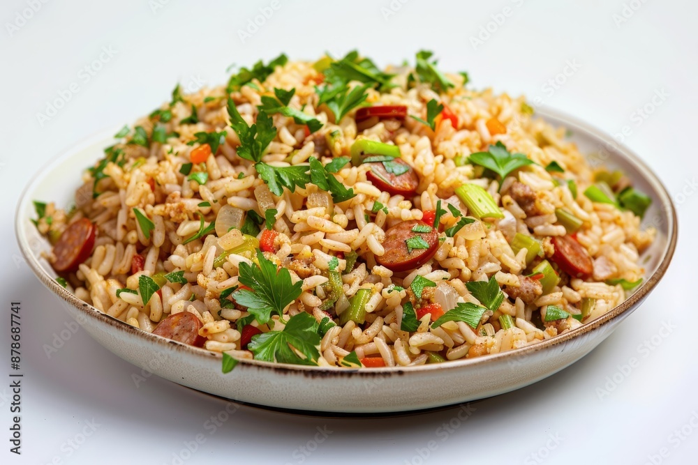 Delicious Dirty Rice with Smoked Sausage in Elegant Bowl Delicious Dirty Rice with Smoked Sausage in Elegant Bowl