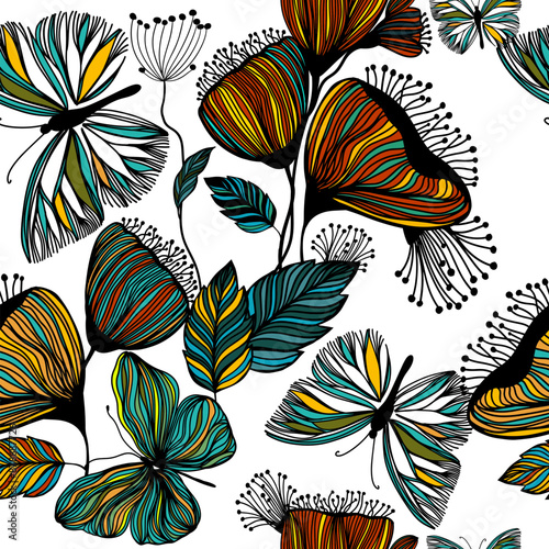 Hand Drawn Artistic Naive Daisy Flowers Seamless Pattern. Blotched Floral Print. Expressive Outlines, Organic Large Scale Simplistic Retro Fashion Design hand drawing. Not AI, Vector illustration.
