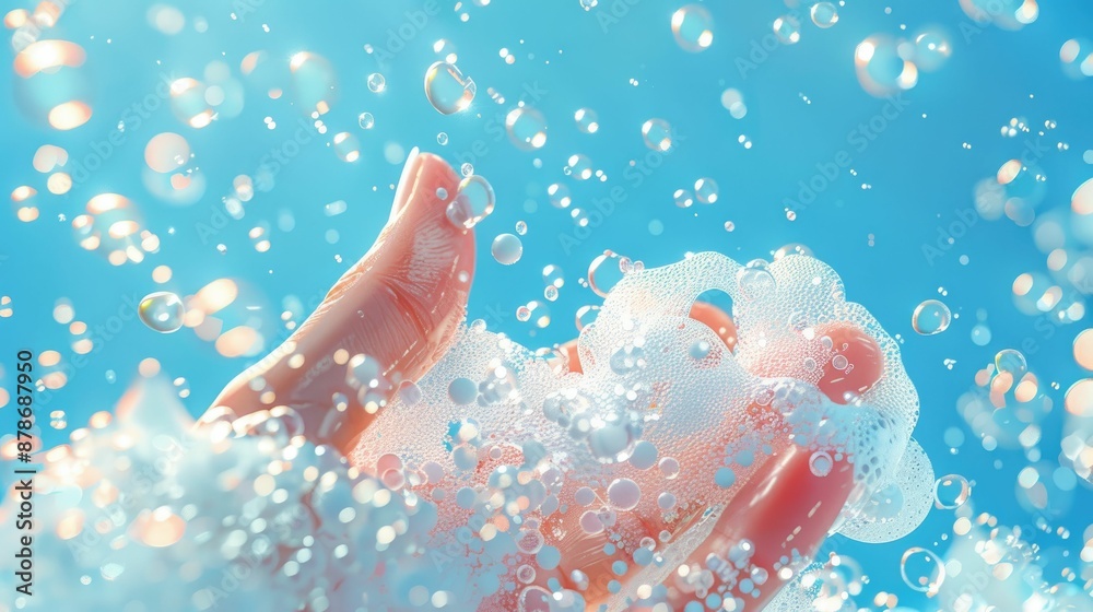 Close-up of a hand with soap bubbles against a blue sky background, symbolizing cleanliness and freshness. Close-up of a hand with soap bubbles against a blue sky background, symbolizing cleanliness and freshness.