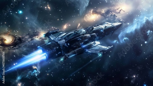 Wallpaper Mural Spaceship flying through nebula. A futuristic spaceship streaks through space, leaving a trail of light against a backdrop of swirling nebulae and stars. Torontodigital.ca