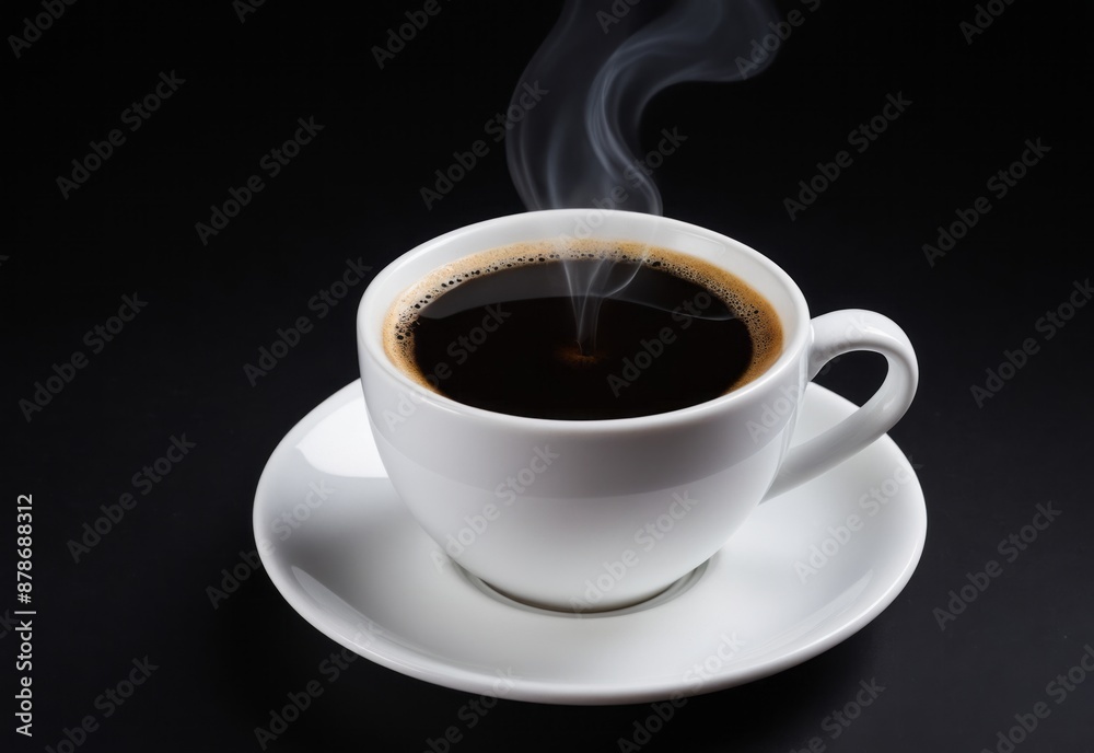 hot coffee with little smoke in white cup isolated on dark background hot coffee with little smoke in white cup isolated on dark background