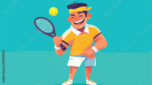 Asian cheerful sportsman playing tennis. Smiling tennis