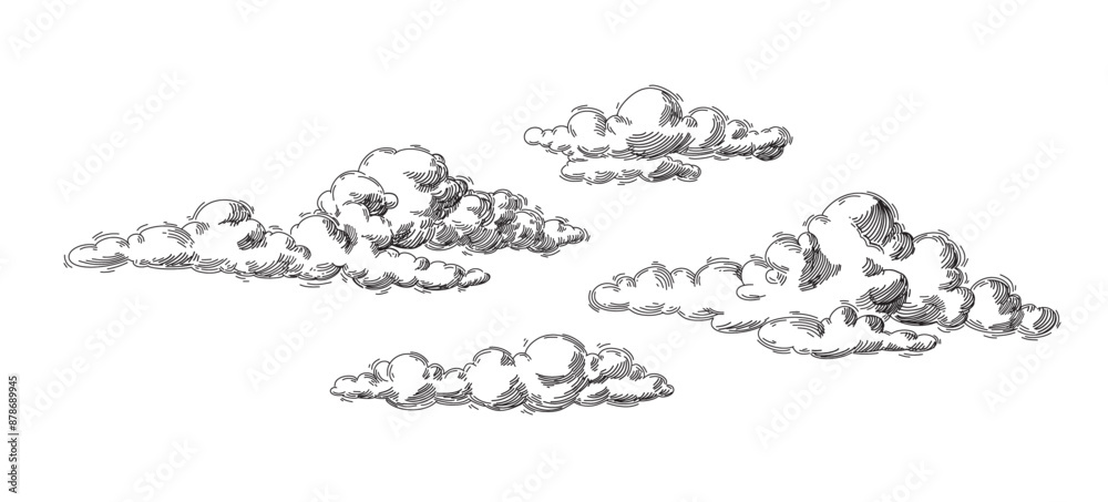 Set of clouds in hand drawn vintage retro style isolated on white background. Cartoon design elements. Vector illustration.	