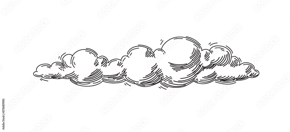Obraz premium Set of clouds in hand drawn vintage retro style isolated on white background. Cartoon design elements. Vector illustration. 