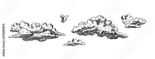 Set of clouds in hand drawn vintage retro style isolated on white background. Cartoon design elements. Vector illustration.	