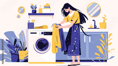 Asian housewife using washing machine at home laundry