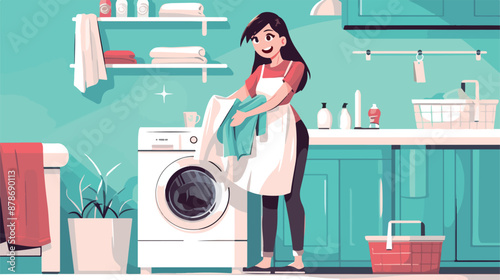 Asian housewife using washing machine at home laundry