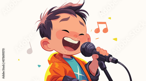 Asian little boy singing into a microphone. Smiling 