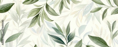 Seamless fabric pattern with delicate olive leaves, soft hues and intricate details, ideal for elegant textiles