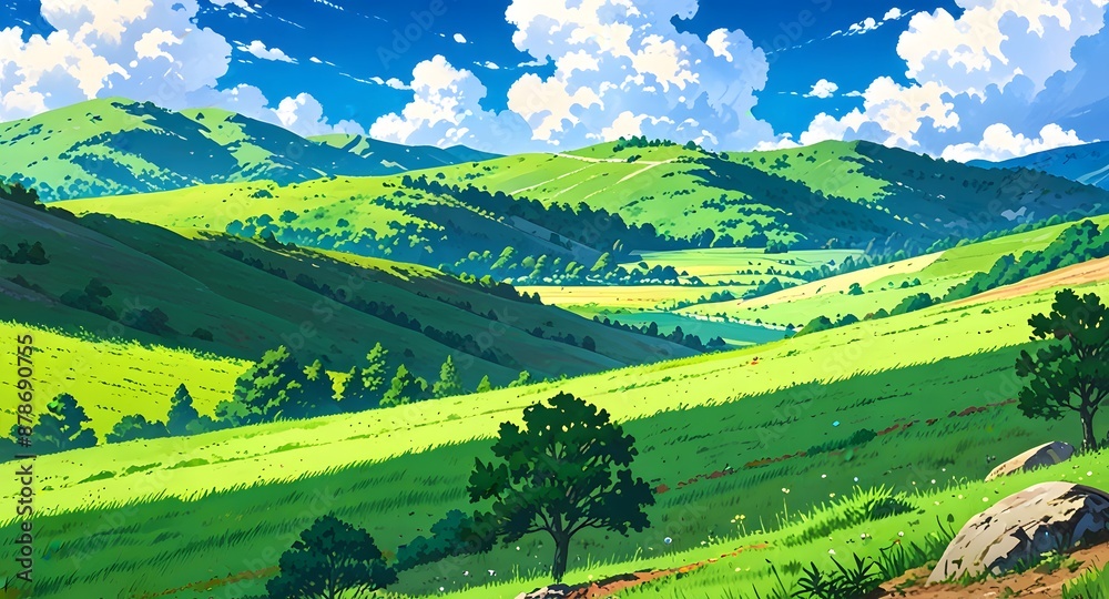 Fototapeta premium anime style background of rolling green hills under a clear blue sky with scattered white clouds open space and tranquility, perfect for a cozy and inviting natural landscape