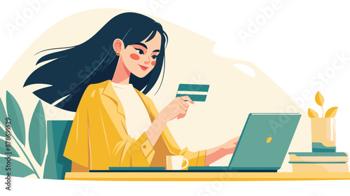 Asian woman sitting at the table with laptop and hold