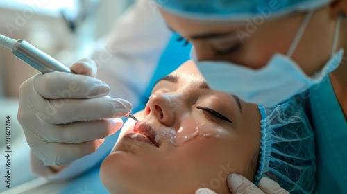 A dermatologist performs laser treatment on a patients face to reduce acne scars, discussing how the procedure stimulates collagen production for smoother skin