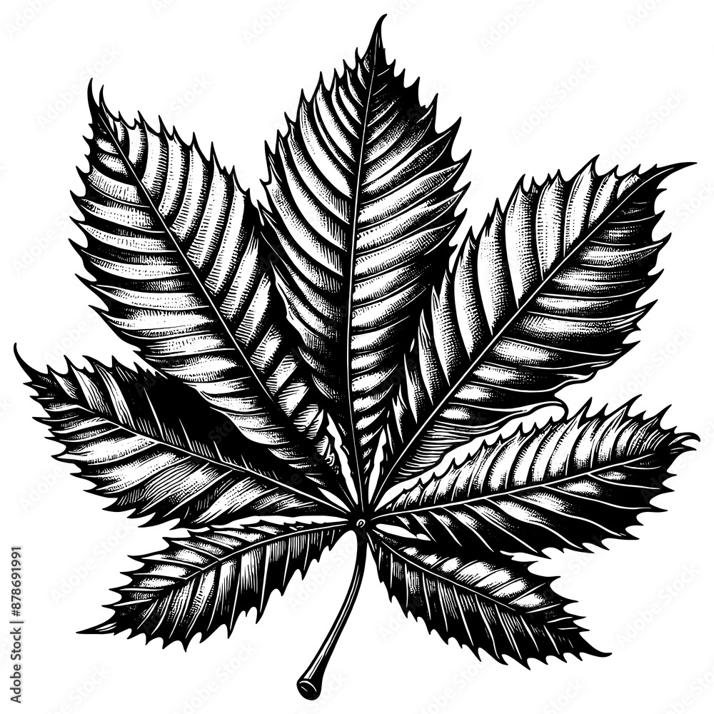 detailed chestnut leaf, showcasing intricate vein patterns and realistic texture sketch engraving generative ai fictional character PNG illustration. Scratch board imitation. Black and white image. detailed chestnut leaf, showcasing intricate vein patterns and realistic texture sketch engraving generative ai fictional character PNG illustration. Scratch board imitation. Black and white image.
