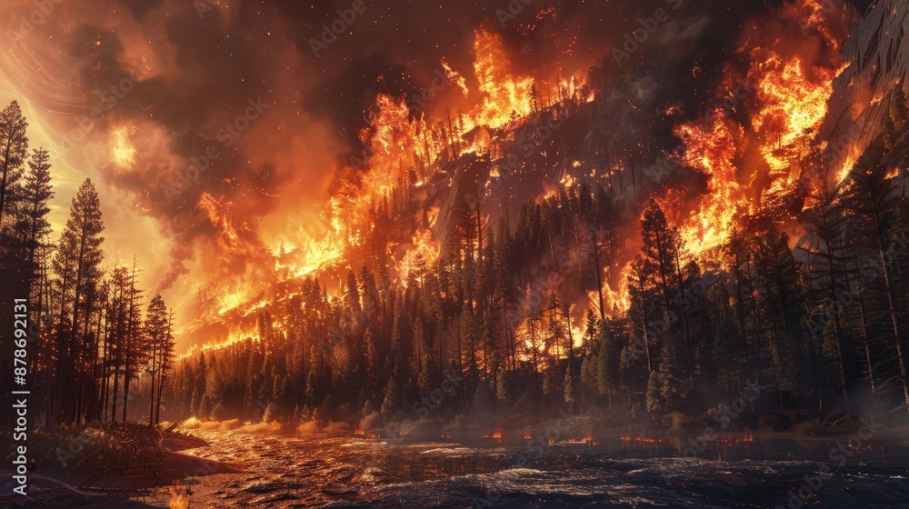 A raging wildfire burns through a forest at night, casting an orange glow across the sky A raging wildfire burns through a forest at night, casting an orange glow across the sky