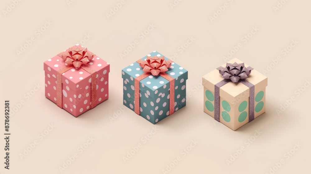 Isometric gift box set with polka dot design on stylish beige backdrop Festive Christmas present concept Isometric gift box set with polka dot design on stylish beige backdrop Festive Christmas present concept