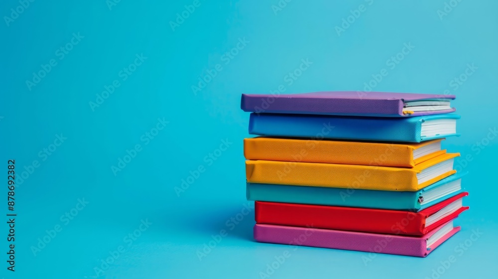 A stack of colorful notebooks sits neatly on a bright blue backdrop with plenty of copy space A stack of colorful notebooks sits neatly on a bright blue backdrop with plenty of copy space