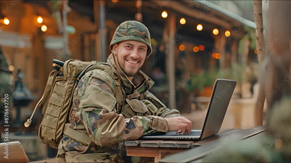 a content soldier with a laptop. military duty a content soldier with a laptop. military duty
