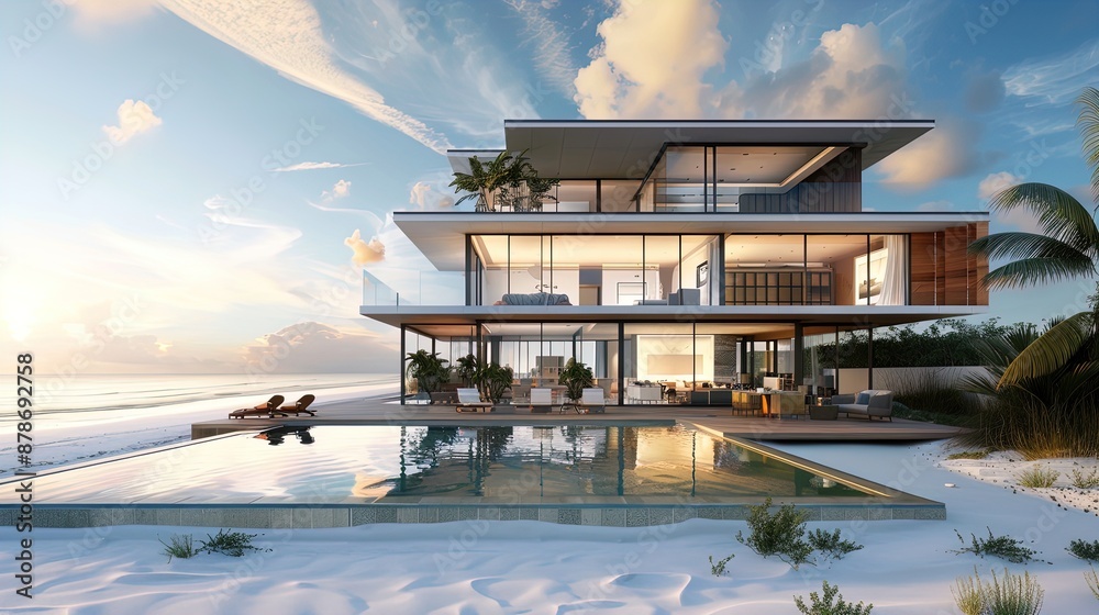 Modern beachfront house with glass walls and infinity pool at sunset ...